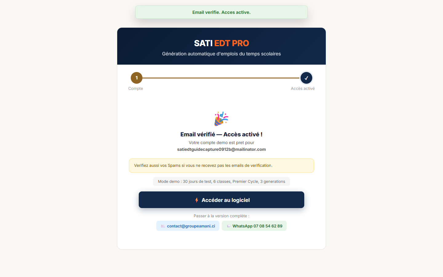 Écran de confirmation Email vérifié — Accès activé avec le bouton Accéder au logiciel