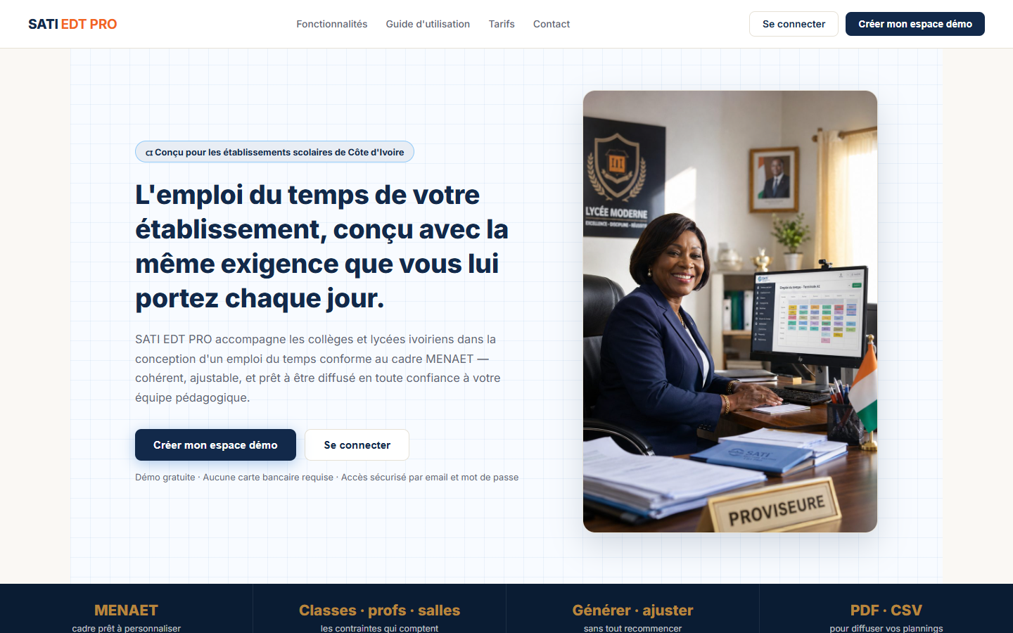 Page d'accueil de SATI EDT PRO avec les boutons Créer mon espace démo et Se connecter
