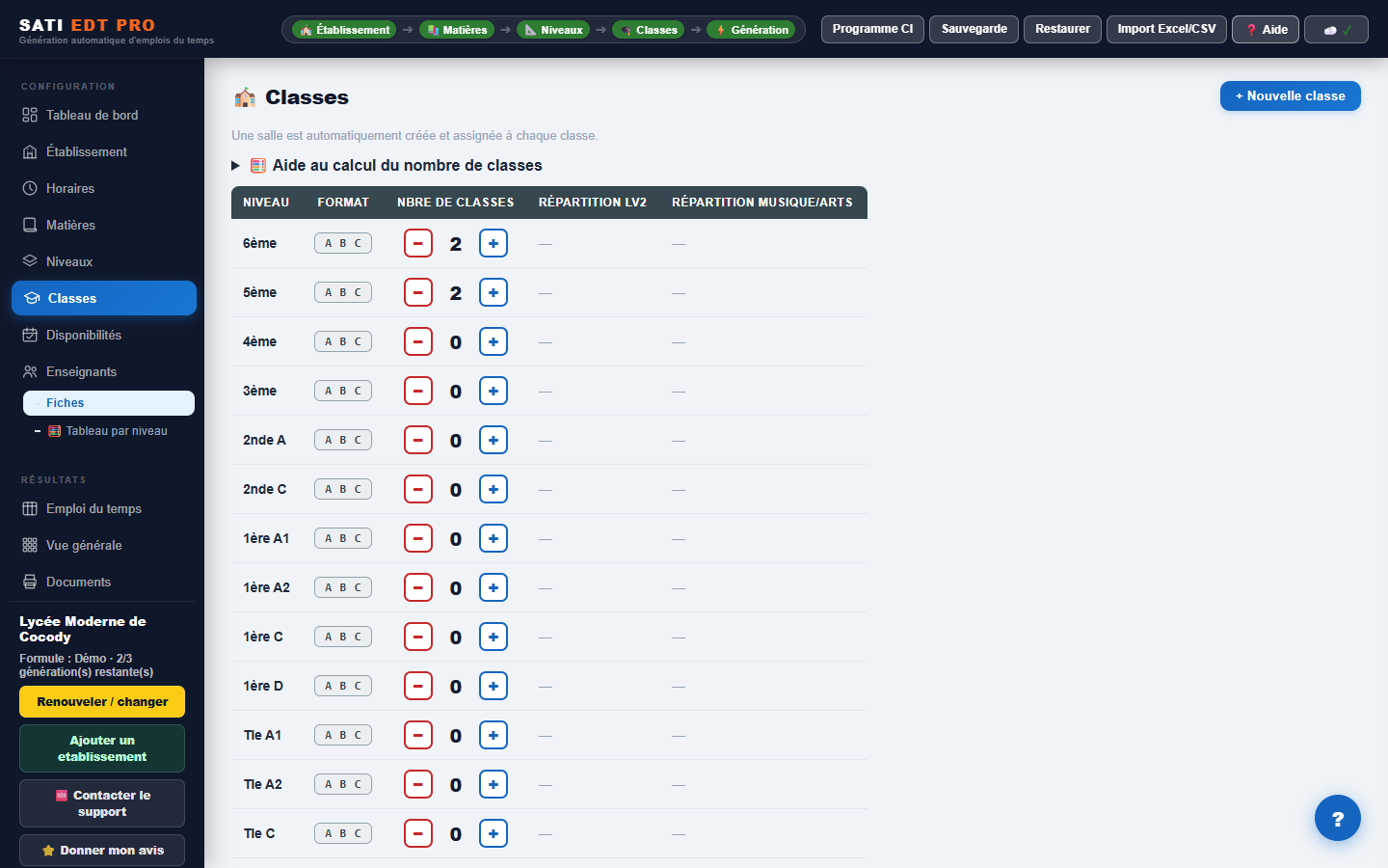 Page Classes : tableau des niveaux avec compteurs moins/plus pour créer des classes rapidement