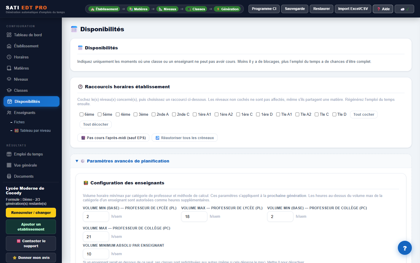 Page Disponibilités : raccourcis horaires établissement et configuration des enseignants