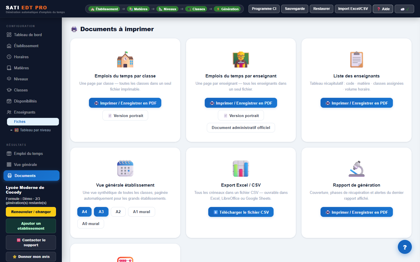 Page Documents à imprimer : cartes pour chaque type de document exportable