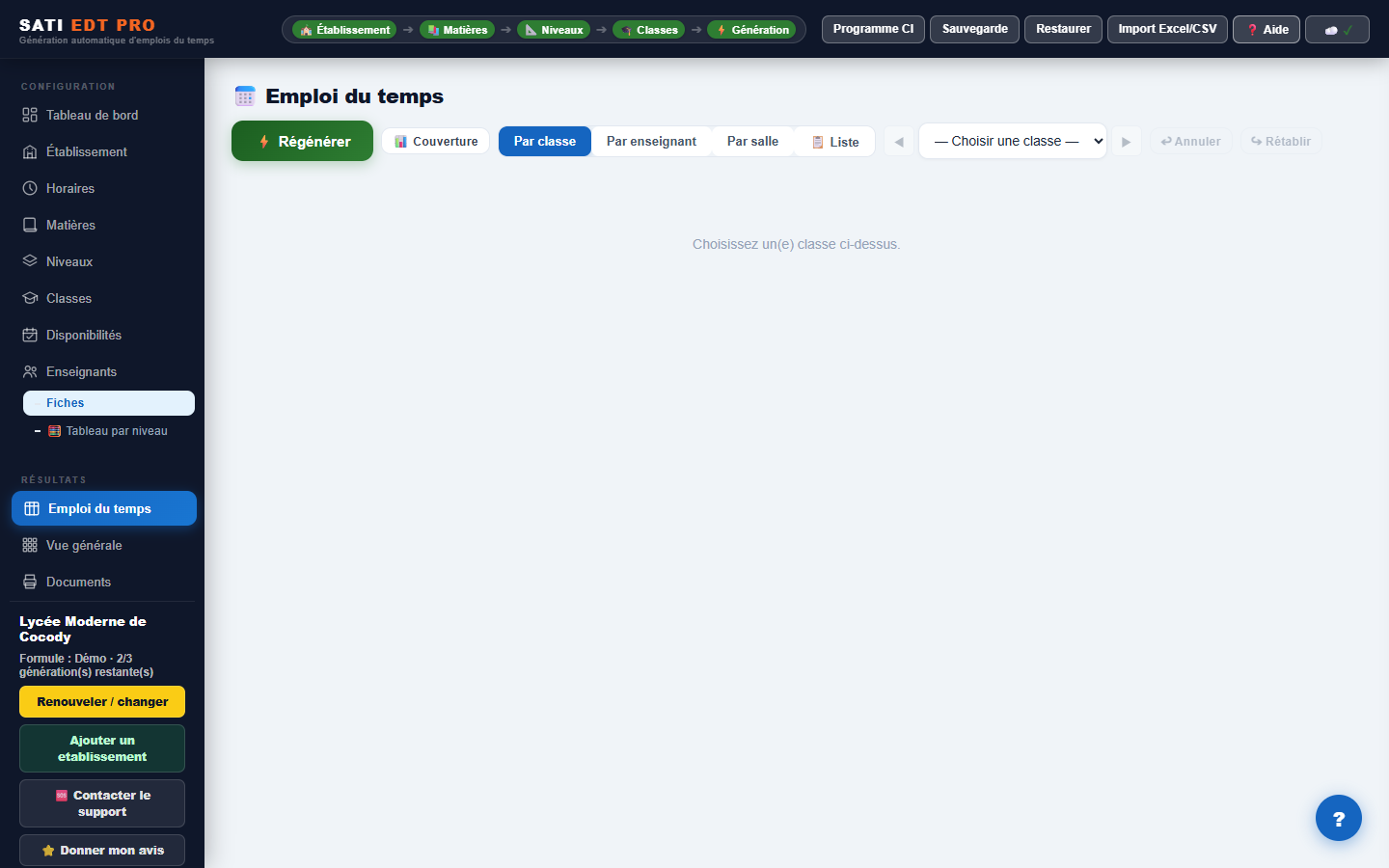 Page Emploi du temps : barre d'outils Régénérer, Couverture, Par classe/enseignant/salle, Liste
