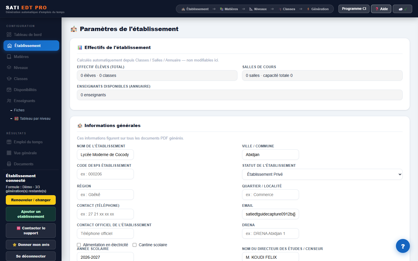 Formulaire des paramètres de l'établissement rempli : nom, ville, contact, année scolaire