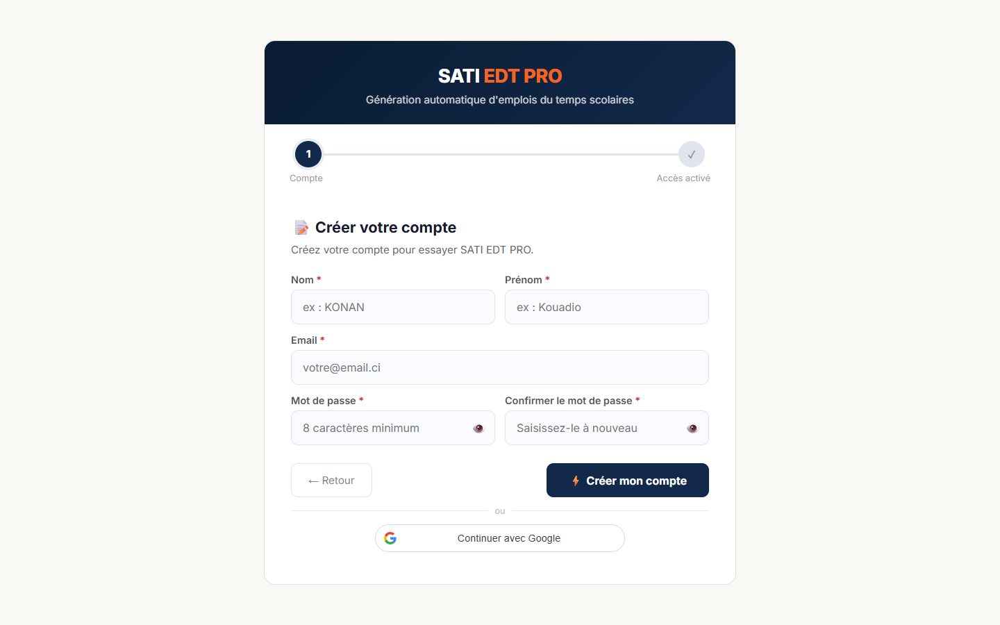 Formulaire de création de compte : Nom, Prénom, Email, Mot de passe, Confirmation