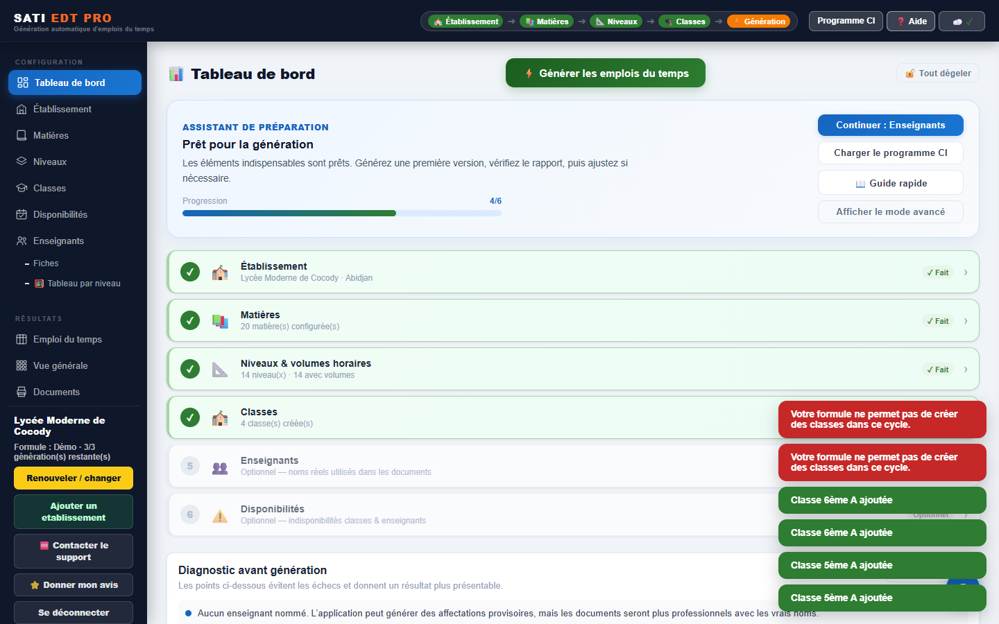 Tableau de bord avec l'assistant de préparation, la checklist des 6 étapes et le diagnostic avant génération